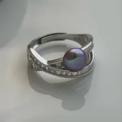 淡水パール　メタリック　虹色　ブルーパープル　レア　シルバー925 リング