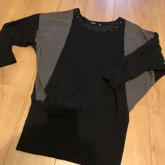 新品　スタッズ付きドルマンニットチュニック　黒×日グレー　（M）八分袖