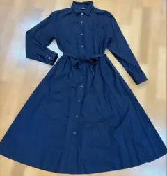 ユニクロ　コットンAラインシャツワンピース 長袖　ネイビー　紺　L
