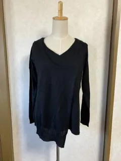 ♢mysticブラック Vネック ウール混重ね着風デザイン長袖セーター