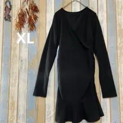 レディースブラックフォーマル　ラップデザイン　ニットワンピース　りぶ編み　XL