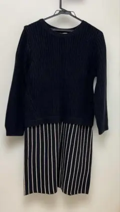 GIVORS ネイビー ニット ストライプ ワンピース