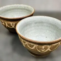 陶器 小鉢 2客 手作り 土もの 掻き落とし 白線文 和食器