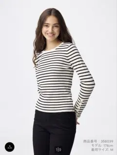 《新品》GU リブニットボーダーボタンスリーブプルオーバーZ オフホワイトM