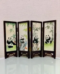 ミニ屏風 両面 パンダ 山水画 4曲 置物 飾り物 美品