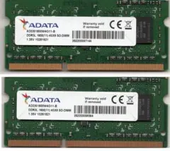 ADATA DDR3 1600 4GB SO-DIMM メモリ x 2枚のサムネイル