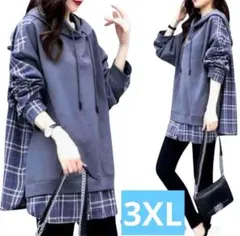 レディース3XL パーカーチュニックワンピースチェック長袖大きいサイズゆったり