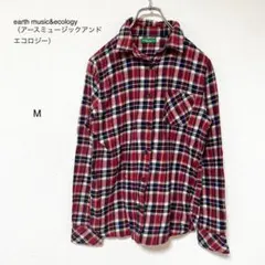 【アースミュージック】 赤系　チェック柄　ネルシャツ　カジュアル　アウトドア　M
