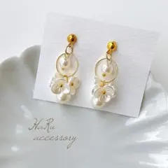 【 c10 】フラワー ホワイトパール ゴールド ピアスorイヤリング