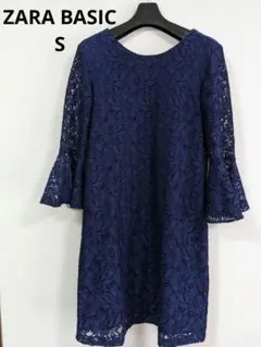 ザラベーシック ネイビー レース 膝丈ワンピースパーティーワンピ 結婚式 S
