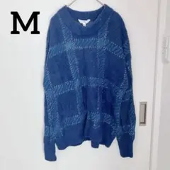 シャギーニット セーター 【M】ブルー チェック柄 モヘア風　ニット　長袖　秋冬