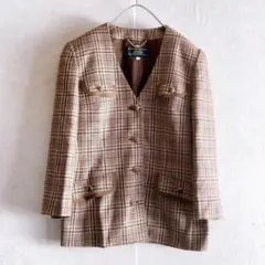 高級　レリアン　DORMEUIL　シルク　ノーカラー　ジャケット　チェック