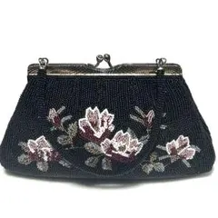 【美品】和装総ビーズバッグ　ビーズがま口バッグ　ビーズ刺繍　黒　花柄　レトロ