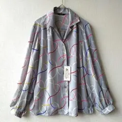 昭和レトロ タグ付　ビンテージ ブラウス　くすみグレー　総柄　カラフル