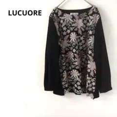 ルクオーレ　長袖トップス　刺繍花柄　鮮やか　黒　L