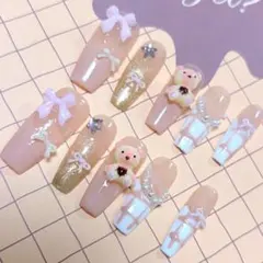 【Mサイズ】ピンク クマ リボン ネイルチップセット　スクエア