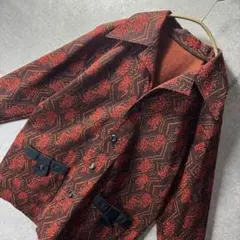 古着 総柄開襟ウールジャケット 薄手 オープンカラー レトロ 90's