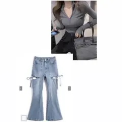 サイドカットリボン ハイウエストフレアデニム GRL fo2242 ニット