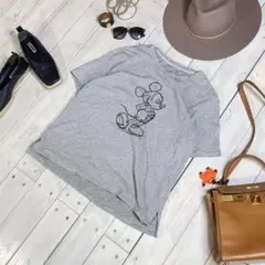 『UNIQLO』ボーダー　ミッキー柄　半袖　Tシャツ　グレー　Lサイズ