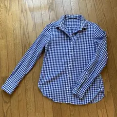 【美品】MACPHEE 青と白のギンガムチェック 長袖シャツ　立ち襟ワイヤー