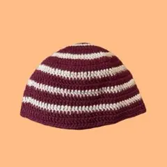 手編みストライプ　ニット帽　クラッシャーハット　ビーニー