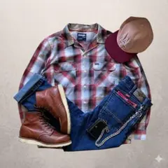 【Wrangler アメカジ】 オンブレチェックSH × ストレートデニム M