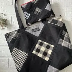 大きめ斜めパッチワーク風トートバッグとお揃いポーチハンドメイド　2045