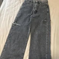 サイドスリット ワイドデニムパンツ グレー