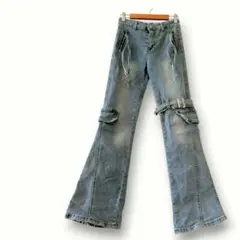 Y2K フレアデニムパンツ ギミック ヴィンテージライク ベルト ジップ Sのサムネイル