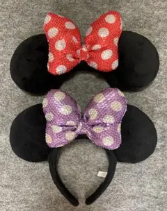 ディズニー　カチューシャ　スパンコール　リボン　赤　紫　ミニー　水玉　　ペア