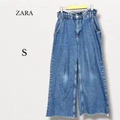 ザラ【S】ワイドレッグジーンズ デニムパンツ カットオフ ウエストゴム