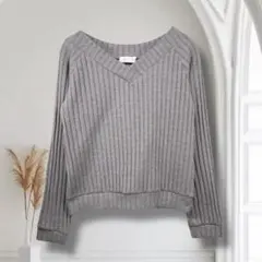 コルザ グレー リブ編み Vネック ニット M シンプル 長袖 プルオーバー 秋