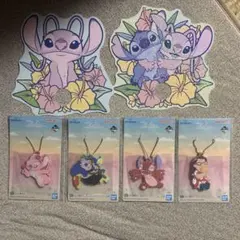 スティッチ 一番くじ ラバーチャームキーホルダー4個セット、うちわ2枚付