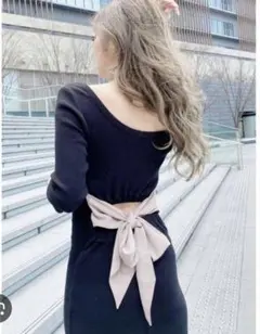 GYDA リボン付き長袖ミニワンピ ブラック