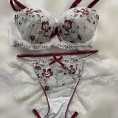 リサマリ Ｅ７０刺繍入りブラジャーショーツセット ホワイト/レッド 新品未使用のサムネイル