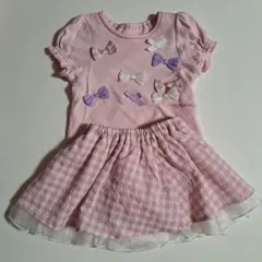 メゾピアノ　セットアップ　80 リボン装飾のピンクTシャツ・スカートセット