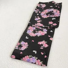 浴衣 単品 総柄 花柄 蝶 綿100 和モダン ガーリー お祭り 花火 夏 黒のサムネイル