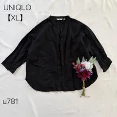 ユニクロ　リネンブレンドバンドカラーシャツ　七分袖シャツ　ブラック【XL】