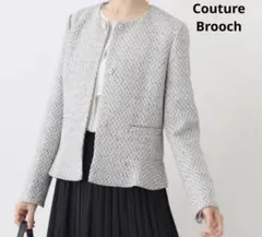 クチュールブローチ ノーカラー ツイードビジュー釦ジャケット フォーマル