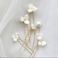 【7本セット】ヘアピン セット フラワー パール風 ゴールド 結婚式 ブライダル