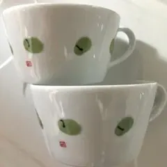 新品未使用 2個セット 片岡鶴太郎 陶器製 スープカップ そら豆の絵 白 ペアのサムネイル