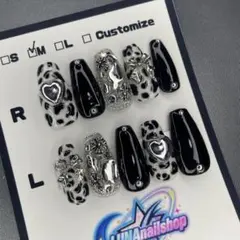 韓国ネイル y2kネイル 手書 ヒョウ柄ネイル うる艶 キラキラ ブラックネイル