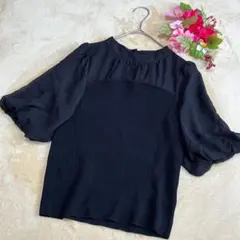 【ミッシュマッシュ】シアーパフスリーブ 半袖ドッキングニットブラウスブラックＭ