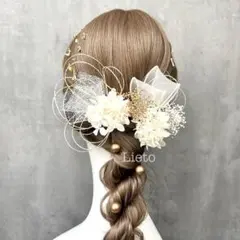 ＷＧ２０　ドライフラワー ホワイト×ゴールド　髪飾り　金箔シート付