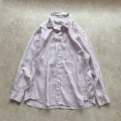 ユニクロ プレミアムリネンシャツ ストライプ パープル ホワイト XL
