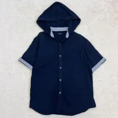 ◎コムサイズム 半袖シャツ 羽織り　フード付き　カジュアル　ネイビー　L