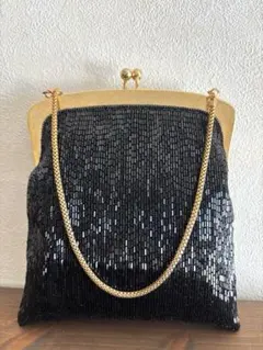 ‘70ヴィンテージ❤︎ブラックビーズがま口ハンドバッグ◆成人式、結婚式、冠婚葬祭用