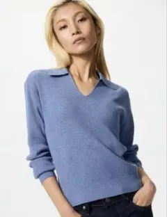 ユニクロ UNIQLO ウォッシャブルニットリブポロセーター ブルー Lのサムネイル