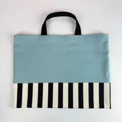 くすみブルーとストライプ　シンプルレッスンバッグ　ハンドメイド