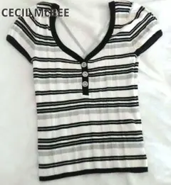 【CECIL McBEE】ラメ ストライプ Vネック 半袖Tシャツ